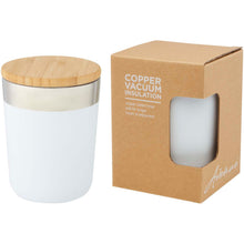 Load image into Gallery viewer, Lagan 330 ml copper vacuum insulated stainless steel tumbler with bamboo lid — White (detail)