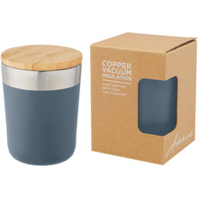 Load image into Gallery viewer, Lagan 330 ml copper vacuum insulated stainless steel tumbler with bamboo lid — Ice blue (detail)