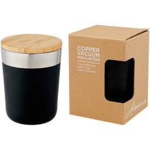 Load image into Gallery viewer, Lagan 330 ml copper vacuum insulated stainless steel tumbler with bamboo lid — Black (detail)
