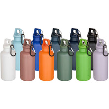 Load image into Gallery viewer, Oregon 400 ml solid colour RCS recycled plastic water bottle with carabiner  — group