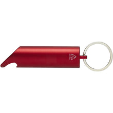 Load image into Gallery viewer, Flare RCS recycled aluminium IPX LED light and bottle opener with keychain — Red (front)