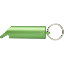 Load image into Gallery viewer, Flare RCS recycled aluminium IPX LED light and bottle opener with keychain — Green (front)