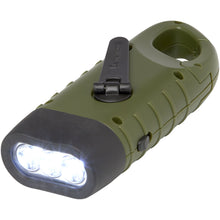 Load image into Gallery viewer, Helios recycled plastic solar dynamo flashlight with carabiner — Army green