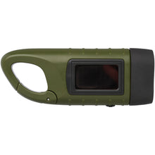 Load image into Gallery viewer, Helios recycled plastic solar dynamo flashlight with carabiner — Army green (back)