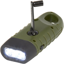 Load image into Gallery viewer, Helios recycled plastic solar dynamo flashlight with carabiner — Army green (detail 2)