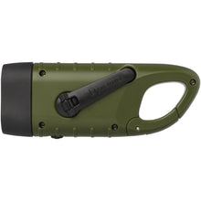 Load image into Gallery viewer, Helios recycled plastic solar dynamo flashlight with carabiner — Army green (front)