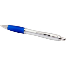 Load image into Gallery viewer, Nash RCS recycled plastic ballpoint pen with silver barrel and coloured grip (black ink) — Royal blue (detail)
