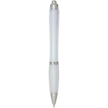 Load image into Gallery viewer, Nash RCS recycled plastic ballpoint pen with coloured barrel and grip (blue ink) — Transparent (back)
