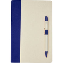 Load image into Gallery viewer, Dairy Dream A5 size reference recycled milk cartons notebook and ballpoint pen set — Blue (front)