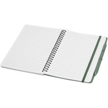 Load image into Gallery viewer, Thalaasa A5 ocean-bound hard cover notebook with ballpoint pen (black ink) — Heather green (detail)