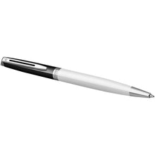 Load image into Gallery viewer, Hemisphere colour blocking ballpoint pen with palladium trim (blue ink) — White / Black (detail)