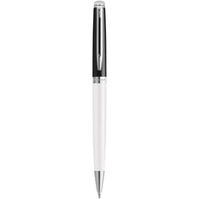 Load image into Gallery viewer, Hemisphere colour blocking ballpoint pen with palladium trim (blue ink) — White / Black (front)