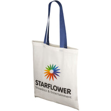 Load image into Gallery viewer, Nevada 100 g/m² cotton tote bag coloured handles 7L — Natural / Royal blue (detail)