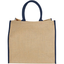 Load image into Gallery viewer, Harry coloured edge jute tote bag 25L — Natural / Navy (back)