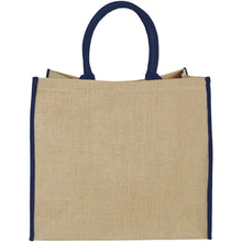 Load image into Gallery viewer, Harry coloured edge jute tote bag 25L — Natural / Navy (front)