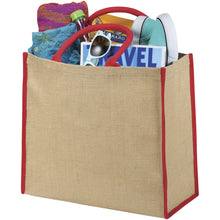 Load image into Gallery viewer, Harry coloured edge jute tote bag 25L — Natural / Red (detail)