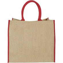 Load image into Gallery viewer, Harry coloured edge jute tote bag 25L — Natural / Red (front)