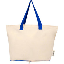 Load image into Gallery viewer, Sierra 140 g/m² GRS recycled foldable cotton tote bag 12L — Natural / Royal blue (front)
