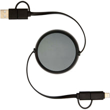 Load image into Gallery viewer, Alasia 5-in-1 100 cm recycled plastic and aluminium retractable data sync and 45W fast charge cable — Black (front)