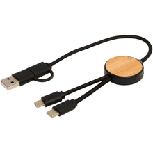 Load image into Gallery viewer, Chechia 5-in-1 recycled plastic 30 cm data sync and 27W fast charge cable with bamboo details — Black (detail)