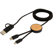 Load image into Gallery viewer, Chechia 5-in-1 recycled plastic 150 cm data sync and 27W fast charge cable with bamboo details — Black (detail)