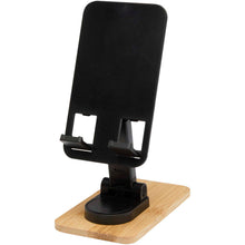 Load image into Gallery viewer, Alfirk recycled plastic foldeable desk phone stand with bamboo details — Black (detail)