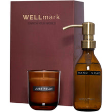 Load image into Gallery viewer, Wellmark Discovery 250 ml hand soap dispenser and 150 g scented candle set — Maroon
