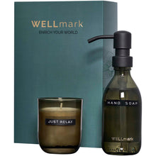 Load image into Gallery viewer, Wellmark Discovery 250 ml hand soap dispenser and 150 g scented candle set — Black