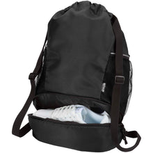 Load image into Gallery viewer, Varyon GRS recycled sports drawstring bag with bottom compartment 18L — Black (detail)