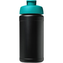Load image into Gallery viewer, Baseline 500 ml recycled sport bottle with flip lid — Black / Aqua (front)