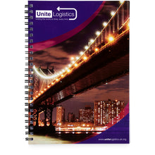 Load image into Gallery viewer, Desk-Mate® A4 spiral notebook with printed back cover — Black / White (front)