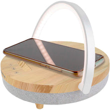 Load image into Gallery viewer, Prixton 4-in-1 10W Bluetooth® speaker with LED light and wireless charging base — Wood (detail)