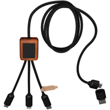 Load image into Gallery viewer, SCX.design C38 40W 5-in-1 rPET light-up logo charging cable with squared wooden casing — Black / Wood (front)