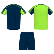 Load image into Gallery viewer, Juve 140 g/m² kids sports set — Fluor Green / Navy Blue (back)