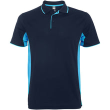 Load image into Gallery viewer, Montmelo 150 g/m² short sleeve unisex sports polo — Navy Blue / Sky blue